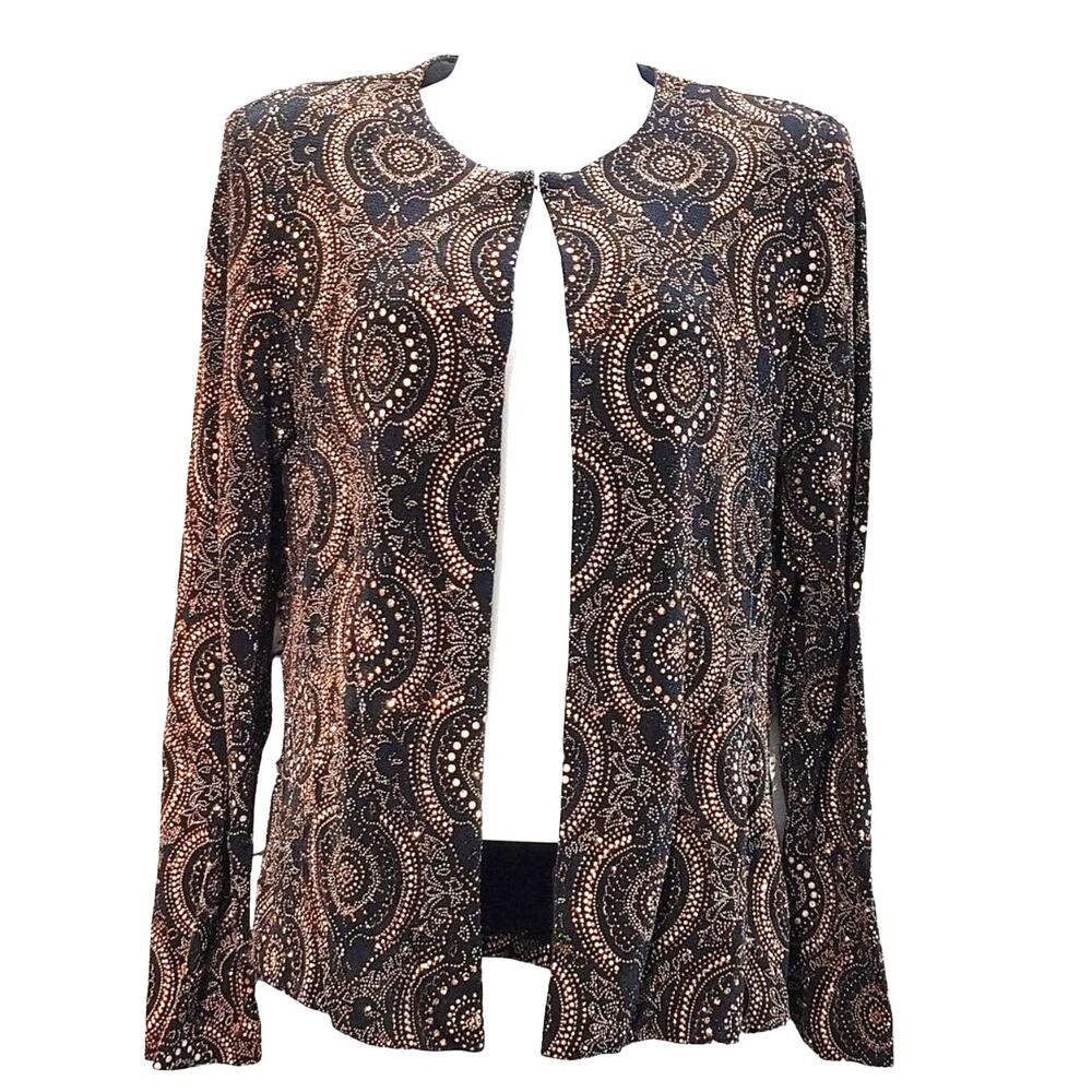 Xscape by Joanna Chen Metallic Cardigan Geometric Print Black Brown Womens M